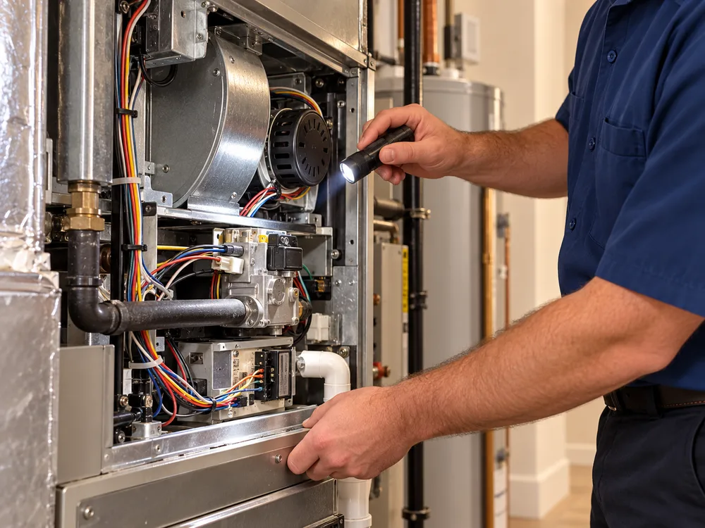 Furnace repair inspection of the controls and blower compartment in a residential utility room