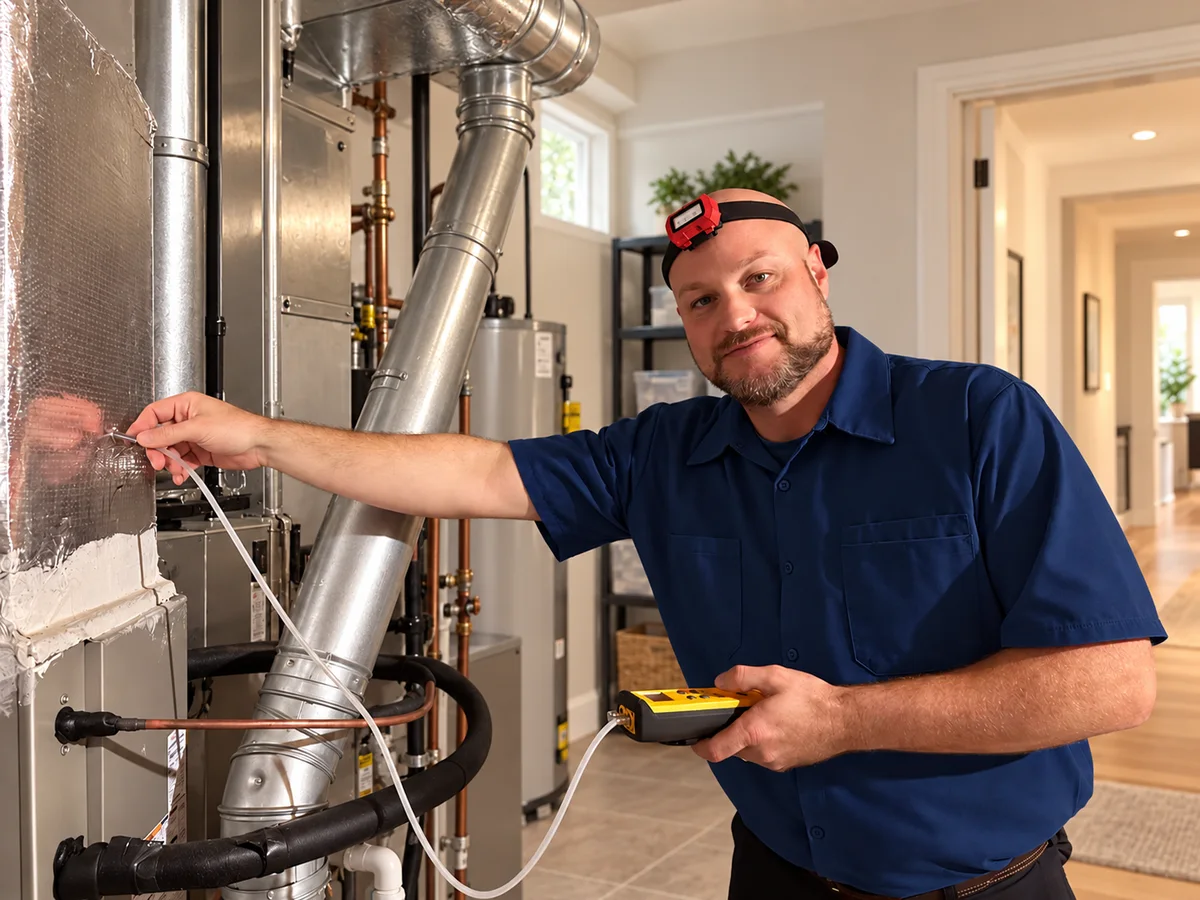 Furnace repair technician testing a residential heating system in a finished home utility room